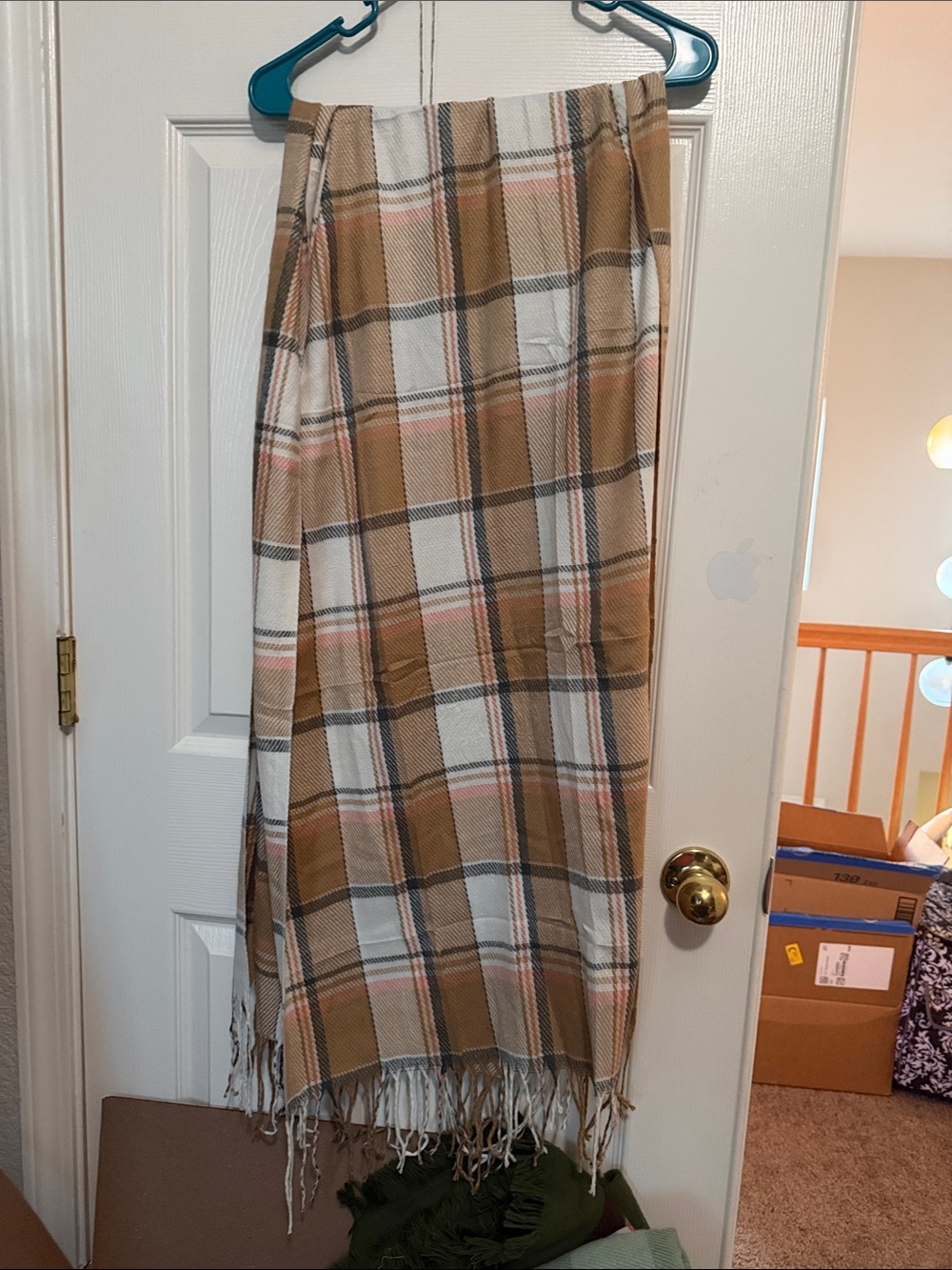 Plaid Fringe Scarf Wrap in Tan, White & Pink